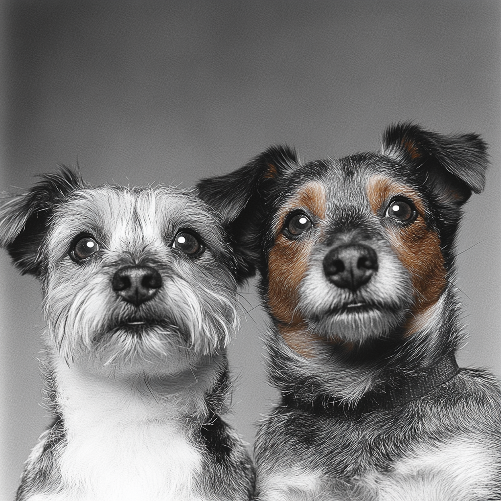 Two dogs, one black and white and one with brown and black fur, sitting side by side against a gray background.